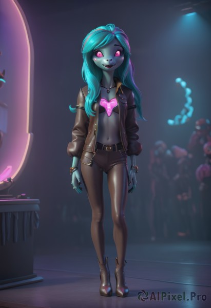 1girl,solo,long hair,breasts,looking at viewer,blush,smile,open mouth,bangs,long sleeves,navel,jewelry,underwear,blue hair,standing,collarbone,jacket,full body,heart,pantyhose,small breasts,boots,green hair,open clothes,shorts,teeth,solo focus,midriff,shiny,belt,pants,artist name,indoors,pink eyes,necklace,nail polish,black footwear,bra,blurry,high heels,flat chest,bracelet,open jacket,black jacket,fingernails,aqua hair,makeup,blurry background,glowing,colored skin,watermark,brown footwear,ring,lipstick,sex toy,glowing eyes,web address,buckle,pendant,high heel boots,colored sclera,cropped jacket,brown jacket,belt buckle,blue skin,leather,brown pants,grey skin,leather jacket,multicolored hair,parted lips,signature,looking to the side,depth of field,swept bangs,looking away,thigh gap,black pants,zipper,black belt,pink lips,borrowed character,arms at sides,unzipped,spiked bracelet,heart print,heart necklace,lip biting,spotlight,leather pants