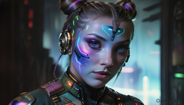 1girl,solo,looking at viewer,short hair,blue eyes,blonde hair,purple hair,multicolored hair,parted lips,hair bun,blurry,two-tone hair,lips,streaked hair,eyelashes,double bun,bodysuit,makeup,blurry background,glowing,headphones,facial mark,portrait,eyeshadow,headset,freckles,science fiction,realistic,nose,cyborg,cyberpunk,brown hair,black hair,uniform,depth of field,lipstick,close-up,cable,neon lights,hologram