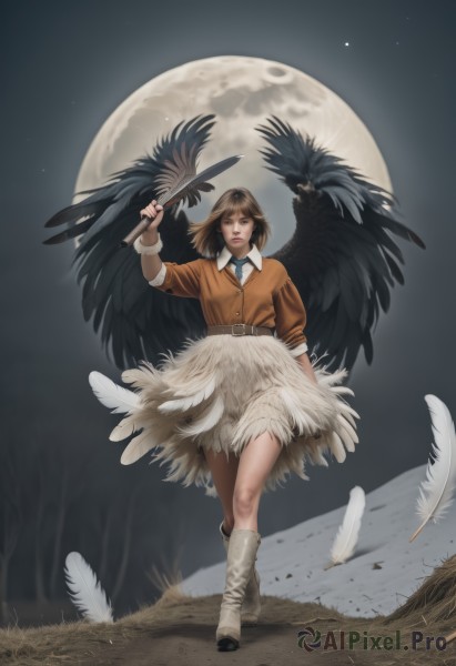 1girl,solo,looking at viewer,short hair,skirt,brown hair,shirt,long sleeves,holding,brown eyes,closed mouth,standing,full body,boots,outdoors,one eye closed,wings,sky,collared shirt,medium hair,lips,night,bird,moon,white footwear,white skirt,knee boots,crossed legs,feathers,night sky,feathered wings,full moon,walking,black wings,brown jacket,crow,black feathers,bangs,jacket,white shirt,necktie,belt,hand up,arm up,brown footwear,arm at side,realistic