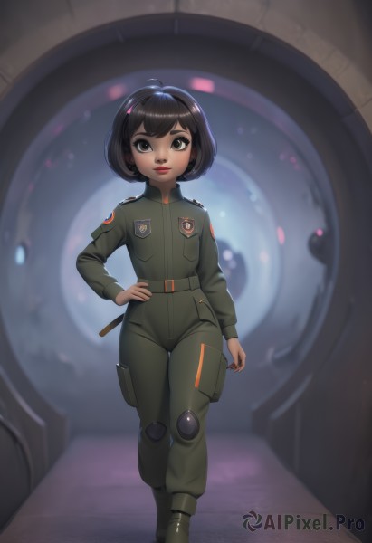 1girl,solo,looking at viewer,short hair,bangs,brown hair,black hair,long sleeves,brown eyes,standing,full body,boots,parted lips,belt,artist name,indoors,black footwear,uniform,black eyes,lips,hand on hip,military,military uniform,makeup,bob cut,lipstick,child,walking,science fiction,red lips,female child,jumpsuit,eye focus,thick lips