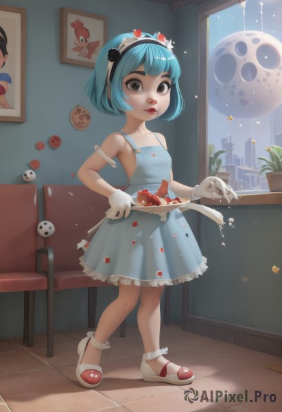 1girl,solo,looking at viewer,short hair,bangs,hair ornament,gloves,dress,holding,bare shoulders,brown eyes,blue hair,standing,collarbone,full body,hairband,small breasts,frills,parted lips,food,shoes,teeth,sleeveless,socks,artist name,indoors,white gloves,black eyes,flat chest,lips,see-through,window,fruit,sleeveless dress,blue dress,shadow,chair,short dress,moon,table,white footwear,bob cut,plant,white socks,child,mary janes,plate,freckles,cake,strawberry,fork,food on face,tiles,female child,potted plant,tile floor,checkered floor,bobby socks,messy,breasts,apron,makeup,night,tray,slippers