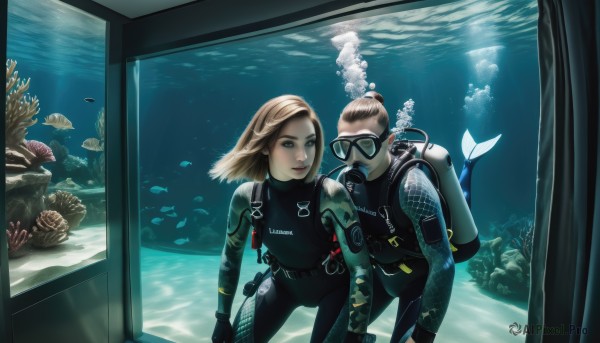 1girl,short hair,blue eyes,blonde hair,brown hair,gloves,1boy,water,lips,bodysuit,facial hair,ocean,goggles,fish,bubble,underwater,air bubble,swimming,submerged,diving mask,coral,wetsuit,seaweed,diving,multiple girls,2girls,window,turtle,snorkel,aquarium,holding breath