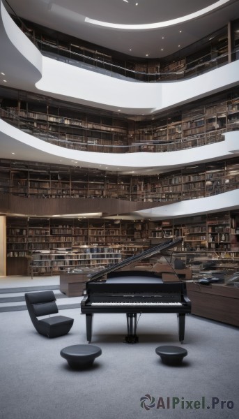 indoors,book,no humans,shadow,chair,instrument,scenery,bookshelf,stool,shelf,library,piano,ceiling light,grand piano,table,wooden floor,playing instrument