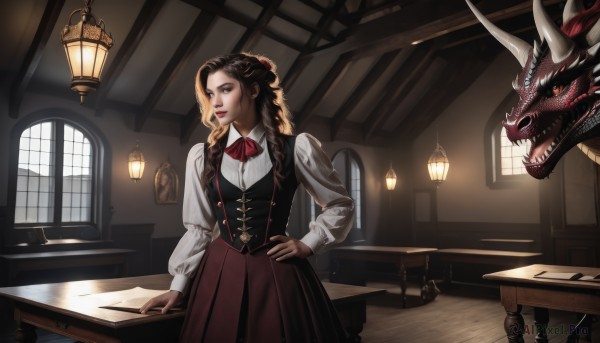 1girl,solo,long hair,looking at viewer,skirt,brown hair,shirt,black hair,hair ornament,long sleeves,brown eyes,standing,yellow eyes,white shirt,braid,horns,indoors,vest,twin braids,lips,hand on hip,ascot,window,makeup,red skirt,chair,table,sunlight,corset,brown skirt,dragon,lamp,eastern dragon,teeth,book,sharp teeth