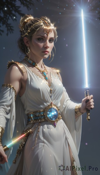 1girl,solo,long hair,breasts,looking at viewer,blue eyes,brown hair,dress,holding,jewelry,medium breasts,standing,weapon,cowboy shot,earrings,detached sleeves,belt,sword,necklace,hair bun,holding weapon,white dress,bracelet,lips,glowing,holding sword,single hair bun,gem,armlet,circlet,realistic,nose,glowing weapon,energy sword,glowing sword,head chain,lightsaber,short hair,blonde hair,hair ornament,cleavage,closed mouth,small breasts,sheath,side slit,hoop earrings,glint,gold,diadem,gold chain