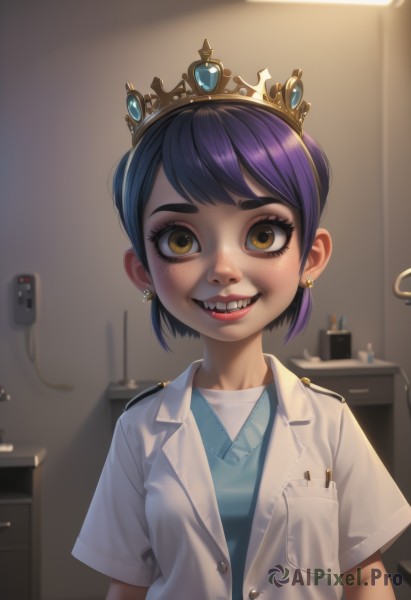 1girl,solo,looking at viewer,smile,short hair,open mouth,bangs,shirt,brown eyes,jewelry,jacket,yellow eyes,upper body,purple hair,short sleeves,earrings,teeth,artist name,indoors,grin,lips,eyelashes,makeup,tiara,crown,blue shirt,lipstick,freckles,pocket,blurry,gem,child,realistic,nose,labcoat,female child