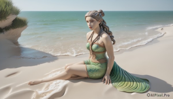 1girl,solo,long hair,breasts,looking at viewer,brown hair,dress,cleavage,bare shoulders,brown eyes,jewelry,medium breasts,sitting,full body,braid,outdoors,parted lips,barefoot,day,pointy ears,water,necklace,lips,bare legs,shadow,ocean,beach,green dress,realistic,sand,shore,navel,midriff,grass,scenery