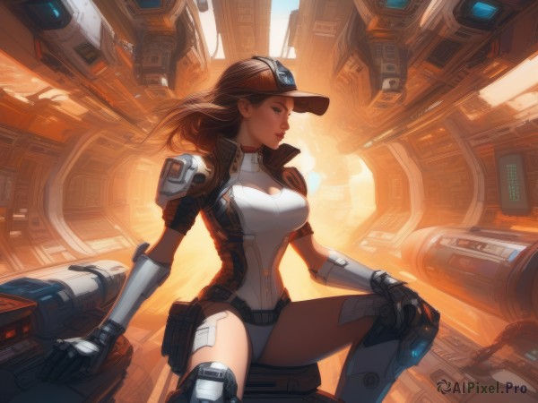 1girl,solo,long hair,breasts,blue eyes,large breasts,brown hair,gloves,hat,brown eyes,medium breasts,sitting,closed mouth,jacket,weapon,short sleeves,open clothes,indoors,leotard,open jacket,lips,gun,looking to the side,goggles,baseball cap,backlighting,cropped jacket,science fiction,nose,white leotard,mechanical arms,hand on own knee,cyberpunk,cockpit,cleavage,thighs,armor,bodysuit,makeup,arm support,lipstick,knee pads