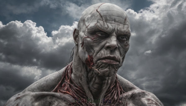 solo,1boy,closed mouth,male focus,outdoors,sky,teeth,day,cloud,black eyes,blood,scar,cloudy sky,portrait,realistic,bandages,veins,injury,bald,manly,grey skin