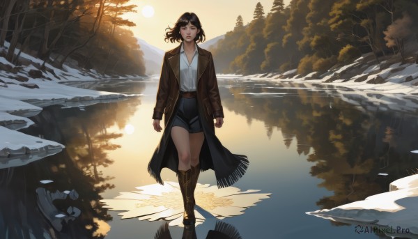 1girl,solo,long hair,breasts,looking at viewer,bangs,shirt,black hair,long sleeves,brown eyes,closed mouth,standing,collarbone,full body,closed eyes,white shirt,ponytail,boots,outdoors,open clothes,shorts,day,belt,medium hair,water,tree,lips,coat,brown footwear,black shorts,sunlight,knee boots,denim,nature,scenery,snow,cross-laced footwear,forest,backlighting,reflection,walking,open coat,rock,arms at sides,sun,leather,brown coat,fringe trim,river,lake,short hair,jewelry,jacket,parted lips,sky,collared shirt,black footwear,short shorts,wind,buckle,blue shorts,brown jacket,mountain,winter,reflective water,stream,leather boots