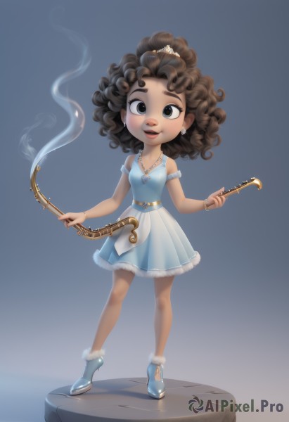 1girl,solo,looking at viewer,smile,open mouth,brown hair,black hair,dress,bare shoulders,brown eyes,jewelry,standing,full body,earrings,boots,belt,dark skin,necklace,black eyes,bracelet,dark-skinned female,lips,fur trim,blue dress,tiara,instrument,child,smoke,curly hair,blue footwear,faux figurine,long hair,simple background,hair ornament,chibi,blue background