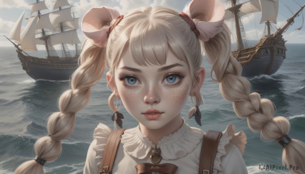 1girl,solo,long hair,looking at viewer,bangs,blue eyes,blonde hair,shirt,hair ornament,bow,ribbon,twintails,jewelry,hair ribbon,white shirt,upper body,braid,earrings,outdoors,frills,parted lips,sky,day,artist name,cloud,water,twin braids,lips,eyelashes,ocean,brooch,portrait,freckles,realistic,nose,frilled shirt,watercraft,ship,waves,boat,cloudy sky