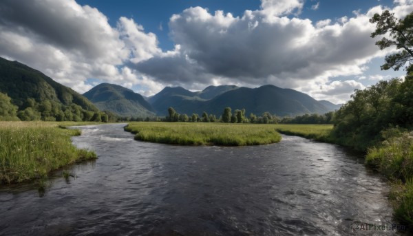 outdoors,sky,day,cloud,water,tree,blue sky,no humans,cloudy sky,grass,nature,scenery,forest,reflection,mountain,road,river,landscape,lake,path,sunlight