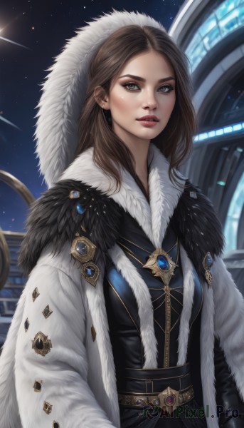 1girl,solo,long hair,looking at viewer,brown hair,dress,brown eyes,jewelry,upper body,parted lips,sky,belt,hood,lips,coat,grey eyes,fur trim,makeup,night,gem,star (sky),hood up,starry sky,red lips,shooting star,earrings,freckles,realistic,nose,white coat