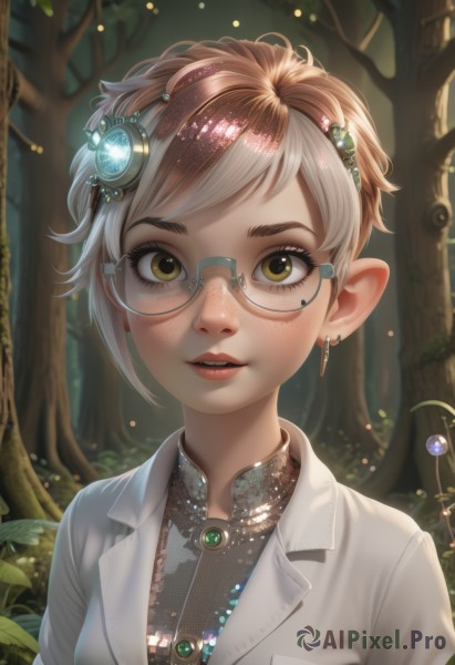 1girl,solo,looking at viewer,blush,short hair,bangs,brown hair,shirt,hair ornament,brown eyes,jewelry,green eyes,yellow eyes,upper body,white hair,multicolored hair,earrings,outdoors,parted lips,glasses,teeth,pointy ears,artist name,necklace,two-tone hair,tree,lips,eyelashes,makeup,leaf,gem,nature,semi-rimless eyewear,forest,freckles,under-rim eyewear,nose,labcoat,mascara,realistic