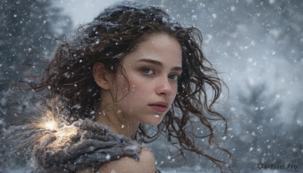 1girl,solo,long hair,looking at viewer,brown hair,black hair,closed mouth,outdoors,looking back,blurry,lips,grey eyes,floating hair,wind,messy hair,portrait,snow,snowing,realistic,nose,winter,fireworks,brown eyes,upper body,parted lips,scarf,snowflakes