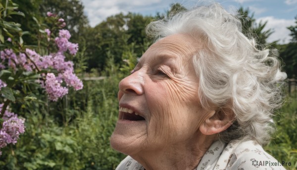 solo,open mouth,shirt,1boy,closed eyes,flower,white hair,male focus,outdoors,sky,teeth,day,cloud,blurry,from side,tree,profile,blurry background,upper teeth only,portrait,curly hair,realistic,old,old man,old woman,wrinkled skin,smile,blue sky