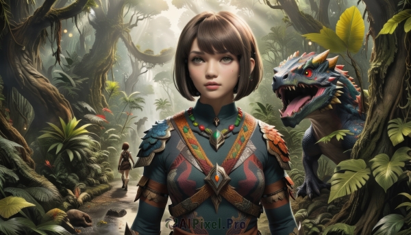 1girl,breasts,short hair,bangs,multiple girls,brown hair,red eyes,long sleeves,2girls,brown eyes,jewelry,medium breasts,standing,upper body,boots,outdoors,parted lips,teeth,solo focus,day,necklace,armor,looking at another,tree,lips,animal,leaf,sunlight,bob cut,plant,shoulder armor,nature,forest,walking,pauldrons,monster,light rays,nose,fantasy,dragon,arms at sides,size difference,red lips,sunbeam,mushroom,shoulder pads,open mouth,1boy,weapon,earrings,sword,realistic