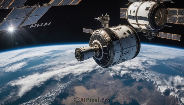 sky,cloud,no humans,star (sky),scenery,science fiction,realistic,sun,space,planet,earth (planet),spacecraft,signature,sunlight,machinery,flying,logo,vehicle focus,thrusters,above clouds