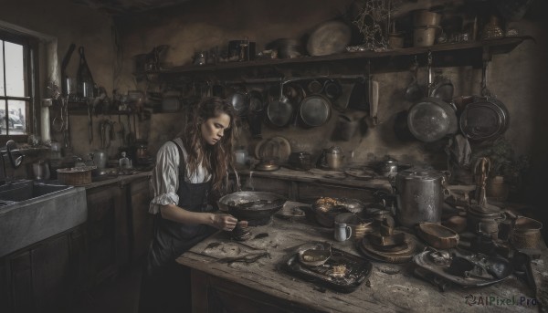 1girl,solo,long hair,brown hair,shirt,dress,holding,jewelry,food,indoors,apron,cup,window,table,bottle,knife,scenery,plate,mug,realistic,spoon,fork,glass,cooking,kitchen,jar,frying pan,sink,counter,stove,cutting board,sitting,plant,steam,bowl,ladle,pouring,silk,spider web,spatula