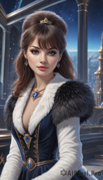 1girl,solo,long hair,breasts,looking at viewer,smile,bangs,brown hair,long sleeves,dress,cleavage,brown eyes,jewelry,medium breasts,upper body,ponytail,earrings,parted lips,sky,indoors,necklace,lips,grey eyes,fur trim,window,makeup,night,blue dress,tiara,lipstick,gem,star (sky),night sky,stairs,red lips,artist name,eyeshadow,starry sky,realistic