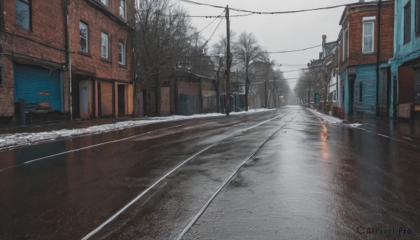 outdoors,sky,cloud,tree,no humans,window,ground vehicle,building,scenery,motor vehicle,snow,rain,city,sign,fence,car,road,house,winter,power lines,lamppost,bare tree,street,utility pole,grey sky,crosswalk,vanishing point,day,cloudy sky,reflection