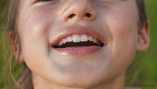 solo,smile,open mouth,brown hair,1boy,closed eyes,male focus,teeth,tongue,blurry,lips,facial hair,upper teeth only,portrait,close-up,freckles,realistic,nose,stubble,blonde hair,blurry background,parody,grass