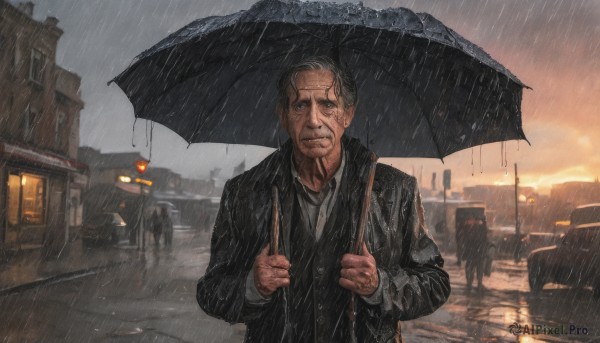 solo,looking at viewer,blue eyes,shirt,long sleeves,1boy,holding,closed mouth,jacket,white shirt,upper body,grey hair,male focus,outdoors,necktie,sky,solo focus,collared shirt,cloud,bag,black jacket,facial hair,umbrella,formal,cloudy sky,suit,ground vehicle,building,black necktie,motor vehicle,beard,rain,holding umbrella,city,car,road,old,lamppost,old man,street,black umbrella,smile,short hair,blurry,black eyes,wet,wing collar,sunset,water drop,realistic,twilight,grey sky,old woman,people