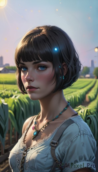 1girl,solo,breasts,looking at viewer,short hair,bangs,blue eyes,brown hair,shirt,black hair,cleavage,jewelry,medium breasts,closed mouth,collarbone,white shirt,upper body,flower,short sleeves,earrings,small breasts,outdoors,parted lips,sky,day,artist name,blunt bangs,necklace,blurry,blue sky,lips,eyelashes,makeup,depth of field,blurry background,watermark,sunlight,bob cut,thick eyebrows,grass,lipstick,lens flare,pendant,backlighting,freckles,realistic,nose,sun,field,mascara,blush,dress,blue shirt,plant,strap