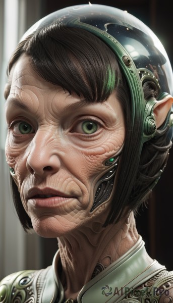 1girl,solo,looking at viewer,short hair,brown hair,black hair,closed mouth,green eyes,parted lips,teeth,pointy ears,blurry,lips,portrait,science fiction,veins,realistic,nose,android,cyborg,cyberpunk,1boy,male focus,multicolored hair,facial hair,headgear,helmet,close-up