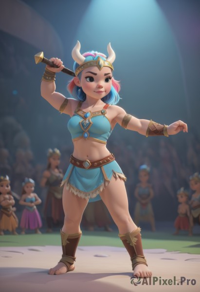 1girl,breasts,smile,short hair,multiple girls,skirt,brown hair,navel,holding,bare shoulders,jewelry,closed mouth,blue hair,standing,full body,weapon,pink hair,multicolored hair,small breasts,horns,barefoot,solo focus,midriff,belt,artist name,holding weapon,blurry,black eyes,two-tone hair,lips,blue skirt,toes,blurry background,6+girls,armlet,fake horns,bracer,dancing,hammer,crowd,holding hammer,long hair,red hair,crop top,crossed arms