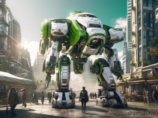 1girl,outdoors,multiple boys,sky,solo focus,day,cloud,tree,robot,ground vehicle,building,mecha,motor vehicle,walking,science fiction,6+boys,city,realistic,car,road,police,street,multiple girls,glowing,scenery,cityscape,crowd,crosswalk