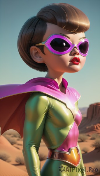 1girl,solo,breasts,short hair,brown hair,black hair,jewelry,upper body,earrings,small breasts,outdoors,parted lips,sky,day,shiny,belt,cape,black eyes,lips,bodysuit,blood,makeup,sunglasses,lipstick,skin tight,shiny clothes,red lips,stud earrings,superhero,desert,dark skin,multicolored clothes,multicolored bodysuit