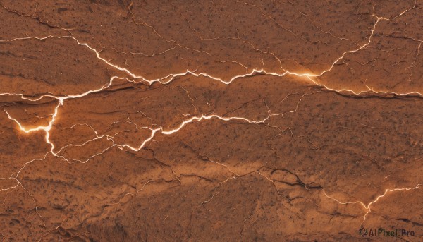 outdoors,sky,cloud,no humans,from above,traditional media,scenery,rock,electricity,lightning,landscape,orange theme,cliff,monochrome,pokemon (creature)