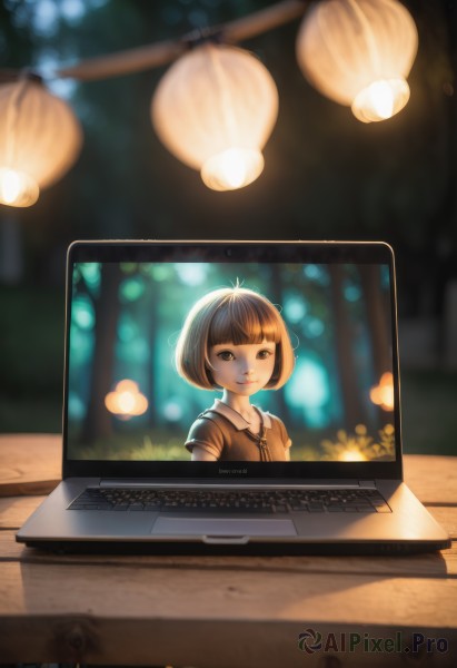 1girl,solo,looking at viewer,smile,short hair,bangs,brown hair,shirt,brown eyes,closed mouth,upper body,short sleeves,artist name,blunt bangs,blurry,lips,depth of field,blurry background,bob cut,light,lamp,computer,monitor,laptop,bokeh,keyboard (computer),drawing tablet,screen,black eyes,watermark,brown shirt