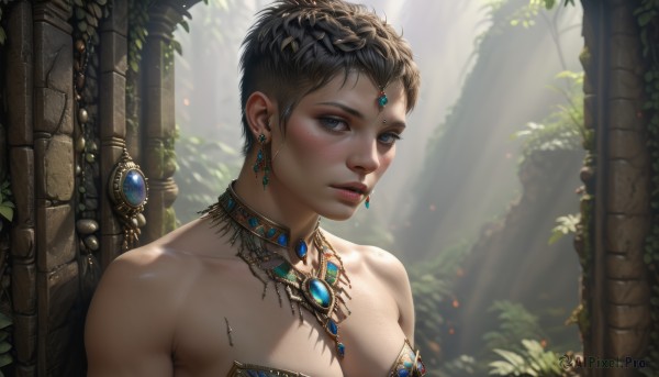 1girl,solo,breasts,looking at viewer,short hair,blue eyes,brown hair,black hair,cleavage,bare shoulders,jewelry,medium breasts,collarbone,upper body,braid,earrings,outdoors,parted lips,day,necklace,blurry,tree,lips,strapless,blurry background,sunlight,plant,gem,portrait,nature,forest,freckles,circlet,realistic,nose,very short hair,dappled sunlight,eyelashes,makeup,piercing,mascara