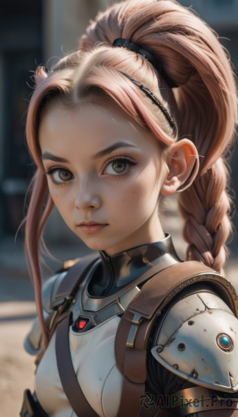 1girl,solo,long hair,breasts,looking at viewer,brown hair,brown eyes,closed mouth,upper body,ponytail,braid,small breasts,artist name,armor,blurry,lips,single braid,bodysuit,blurry background,shoulder armor,forehead,freckles,pauldrons,hair pulled back,sidelocks,hairband,depth of field,piercing,portrait,breastplate,realistic,nose,shoulder pads,dirty