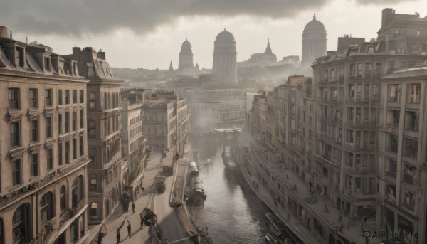 outdoors,sky,day,cloud,water,no humans,window,cloudy sky,building,scenery,stairs,city,railing,road,cityscape,watercraft,architecture,house,bridge,tower,boat,fog,sunlight,ground vehicle,smoke,river,ship,people