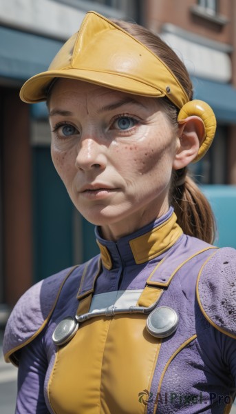 1girl,solo,long hair,breasts,looking at viewer,blue eyes,brown hair,hat,closed mouth,upper body,ponytail,small breasts,outdoors,blurry,lips,bodysuit,blurry background,freckles,realistic,visor cap,yellow headwear,blonde hair,armor,nose,dirty