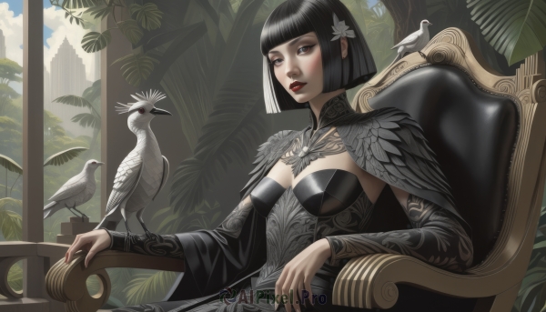 1girl,solo,breasts,short hair,bangs,black hair,hair ornament,long sleeves,dress,brown eyes,medium breasts,sitting,closed mouth,upper body,flower,detached sleeves,sky,day,cloud,indoors,hair flower,blunt bangs,cape,black eyes,black dress,tree,blue sky,lips,makeup,capelet,bird,animal,leaf,chair,bob cut,feathers,plant,lipstick,nose,palm tree,red lips,looking at viewer,cleavage,parted lips,wide sleeves,nail polish,fingernails,window,building,red nails,city,black sleeves,black capelet