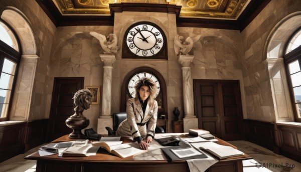 1girl,solo,looking at viewer,short hair,black hair,long sleeves,jewelry,sitting,jacket,indoors,window,chair,formal,table,sunlight,suit,scenery,desk,paper,clock,pen,statue,painting (object),roman numeral,phonograph,analog clock,open mouth,bangs,brown hair,shirt,1boy,brown eyes,male focus,necktie,sky,day,collared shirt,pants,coat,book,black shirt,leaning forward,buttons,black necktie,labcoat,white coat,wall,map,ceiling,brown theme,arch,inkwell