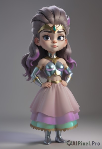 1girl,solo,long hair,breasts,looking at viewer,smile,blue eyes,skirt,simple background,brown hair,black hair,navel,bare shoulders,closed mouth,standing,full body,purple hair,grey hair,multicolored hair,small breasts,boots,detached sleeves,shiny,artist name,grey background,chibi,armor,tiara,gem,freckles,hands on hips,bracer,dress,midriff,lips,aged down,long skirt