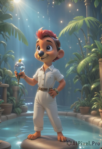 solo,smile,short hair,shirt,1boy,holding,animal ears,jewelry,standing,full body,white shirt,short sleeves,male focus,red hair,outdoors,barefoot,belt,pants,artist name,water,black eyes,bracelet,hand on hip,plant,furry,potted plant,furry male,male child,mohawk,brown hair,brown eyes,teeth,collared shirt,tree,watermark,sunlight,goggles,extra ears,goggles on head,light rays,flower pot