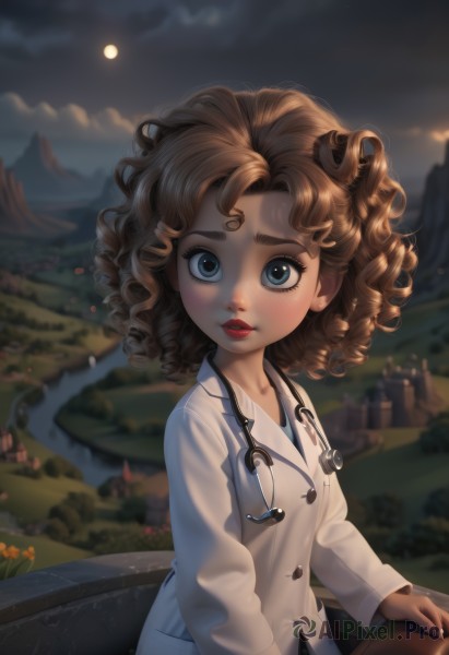 1girl,solo,looking at viewer,short hair,blue eyes,brown hair,shirt,long sleeves,upper body,flower,outdoors,parted lips,sky,cloud,medium hair,water,blurry,lips,night,blurry background,moon,cloudy sky,child,night sky,full moon,freckles,curly hair,mountain,labcoat,red lips,female child,lake,stethoscope,breasts,blush,artist name,coat,eyelashes,makeup,buttons,watermark,wavy hair,lipstick