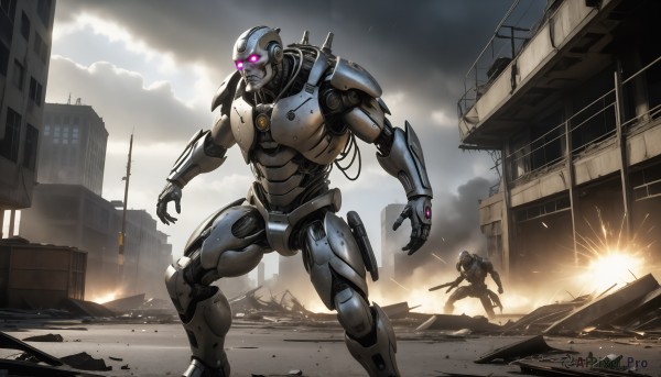 HQ,1boy,holding,standing,weapon,outdoors,multiple boys,sky,solo focus,cloud,2boys,pink eyes,holding weapon,armor,gun,military,glowing,cloudy sky,fire,robot,building,holding gun,mecha,glowing eyes,motor vehicle,rifle,smoke,science fiction,city,realistic,military vehicle,battle,cable,glowing eye,explosion,ruins,damaged,power armor,debris,soldier,rubble,sword,dust