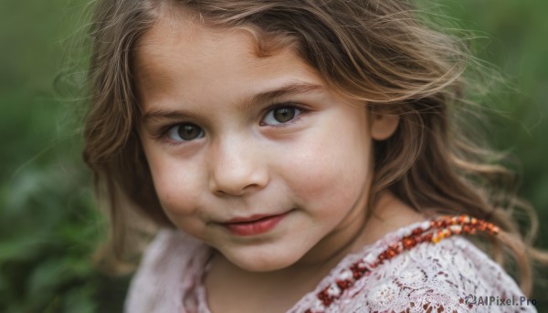 1girl,solo,long hair,looking at viewer,smile,brown hair,shirt,brown eyes,jewelry,closed mouth,necklace,blurry,lips,depth of field,blurry background,portrait,close-up,freckles,realistic,nose,eyelashes,blood,beads,blood on clothes,dirty