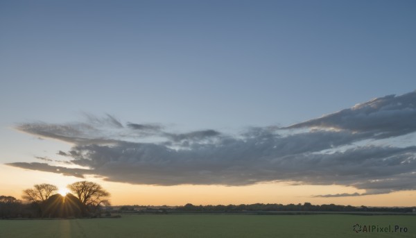 outdoors,sky,day,cloud,tree,blue sky,no humans,sunlight,cloudy sky,grass,nature,scenery,sunset,mountain,sun,landscape,mountainous horizon,gradient sky,sunrise,hill,field