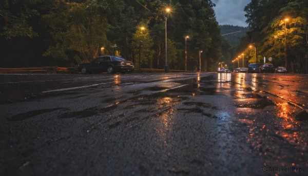 outdoors,sky,cloud,water,tree,no humans,night,cloudy sky,ground vehicle,building,nature,night sky,scenery,motor vehicle,reflection,car,light,road,bush,bridge,lamppost,street,river,forest,rain,realistic,dark,puddle,pavement,vanishing point