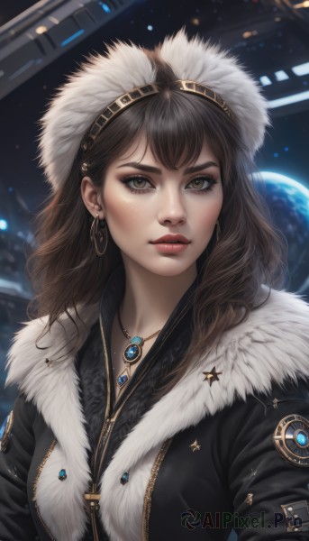 1girl,solo,long hair,looking at viewer,bangs,brown hair,hat,brown eyes,jewelry,closed mouth,jacket,upper body,hairband,earrings,necklace,lips,coat,fur trim,eyelashes,makeup,pendant,zipper,freckles,science fiction,hoop earrings,realistic,nose,red lips,eyeliner,space,planet,fur hat,earth (planet),breasts,black hair,parted lips,star (symbol),black jacket,lipstick,fur collar