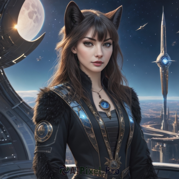 1girl,solo,long hair,breasts,looking at viewer,bangs,brown hair,black hair,animal ears,brown eyes,jewelry,upper body,outdoors,sky,cat ears,necklace,lips,coat,fur trim,night,moon,star (sky),night sky,full moon,pendant,starry sky,science fiction,city,realistic,aircraft,nose,fantasy,cityscape,space,planet,spacecraft,city lights,closed mouth,weapon,sword,artist name,makeup,wolf ears,red lips